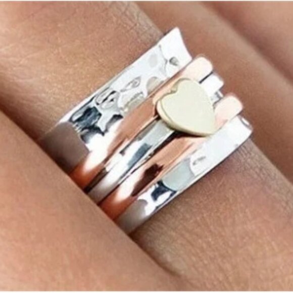 Boho Chic Chunky Bohemian Three Tone Wide Band Ring - Silver Electro-Plated - Picture 2 of 3